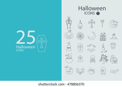 Set of Halloween characters. Scrapbook elements. Vector illustration. Cat, bat, spider, ghost, pumpkin, witch hat, skull, cross.