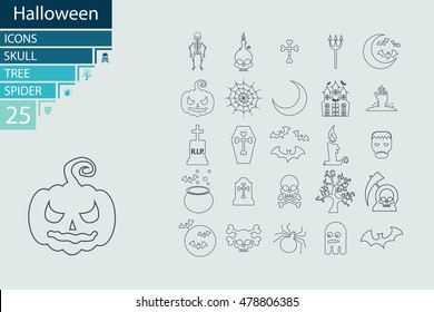 Set of Halloween characters. Scrapbook elements. Vector illustration. Cat, bat, spider, ghost, pumpkin, witch hat, skull, cross. - Shutterstock ID 478806385
