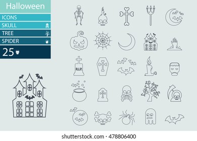 Set of Halloween characters. Scrapbook elements. Vector illustration. Cat, bat, spider, ghost, pumpkin, witch hat, skull, cross.