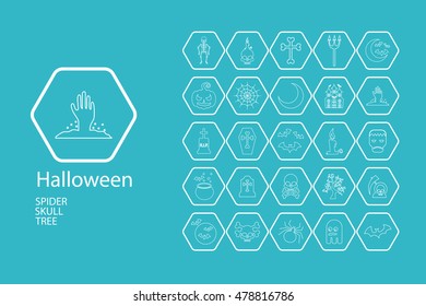 Set of Halloween characters. Scrapbook elements. Vector illustration. Cat, bat, spider, ghost, pumpkin, witch hat, skull, cross.