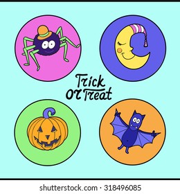 Set of halloween characters: spider in hat, smiling moon, pumpkin, bat. Trick or treat. Vector illustration. Eps 10. 