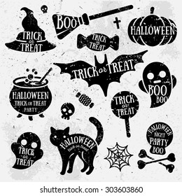 Set of Halloween Characters with Text Inside on Grunge background. Typographic Design of Scrapbook elements. Vector illustration. 