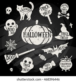 Set of Halloween Characters with Text Inside. Grunge Chalk Typographic Design. Scrapbook elements. Vector illustration. Textured Chalkboard background.