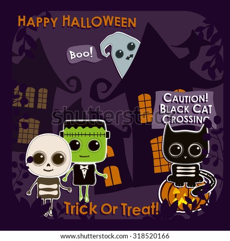 Set of Halloween characters. In this set: skeleton, Frankenstein, ghost, pumpkin, black cat
