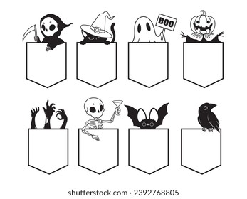 Set of Halloween characters in t-shirt pocket. Collection of scary monsters peeking out from your pocket. Design for print. Vector illustration for clothing decoration.