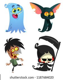 Set of Halloween characters. Vector cartoon zombie,  bat, death grim reaper, ghost.  Great for party decoration