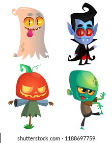 Set of Halloween characters. Vector cartoon ghost, vampire, pumpkin jack o lantern, zombie.  Great for party decoration