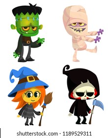 Set of Halloween characters. Vector cartoon zombie, mummy, witch with a broom, grim reaper with scythe.  Great for party decoration