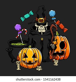 Set of Halloween characters vector, skull, pumpkin, candy, candle, witch