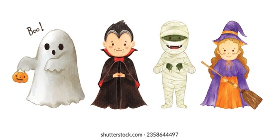 Set of Halloween characters watercolor vector illustration