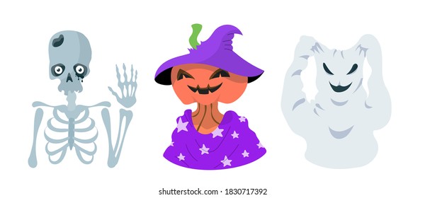 Set of Halloween сartoon characters. Waving skeleton with hole in the head and with eyes, pumpkin in clothes and hat, smiling ghost