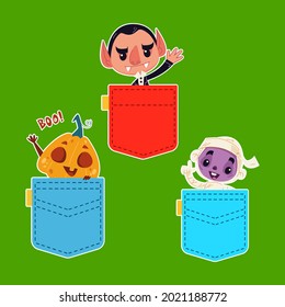 A Set Of Halloween Characters Who Look Out Of Their Pocket And Wave Their Hand. Vampire Dracula, Pumpkin And Werewolf. Vector Illustration Of Kids In Cartoon Childish Style. Isolated Funny Clipart.