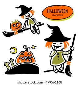 Set of Halloween characters. Halloween witch and cartoon pumpkins isolated on white background. Design elements for greeting card or flyer.