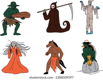 Set of Halloween characters. Witch, pumpkin, zombie, mummy, wizard, Vector illustration