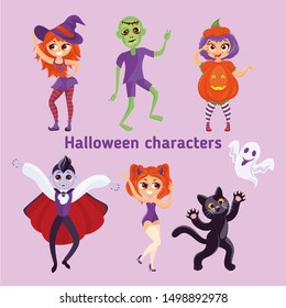 SET OF HALLOWEEN CHARACTERS: WITCH, ZOMBIE, CRAZY PUMPKIN, VAMPIRE, DEVIL GIRL, BLACK CAT, GHOST