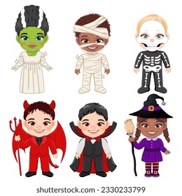 Set of Halloween children cartoon character. Kids in a different Halloween costumes with The Bride of Frankenstein, Vampire, Mummy, Witch, Devil, Skeleton Ghost Vector