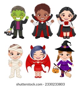 Set of Halloween children cartoon character. Kids in a different Halloween costumes with Mummy, Vampire, Witch, Devil, Frankenstein, Dracula Vector