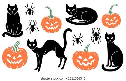 Grupo de Halloween con gatos negros, calabazas talladas y arañas