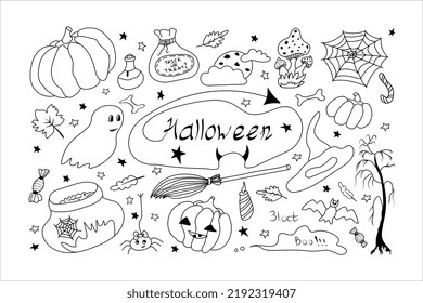 Set of halloween clipart. Hand drawn cute and funny halloween doodle symbols and characters for design. Isolated on white background.