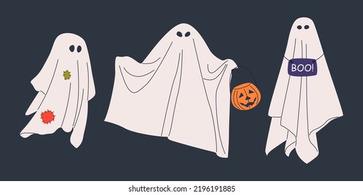 Set of halloween cloth ghosts in different poses. Halloween scary ghostly monsters, spirits with nameplate, patch. Floating phantoms with pumpkin basket for Trick or Treat. Creepy boo, spooky.