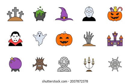 Set of Halloween Colorful Flat Icon. Spooky Horror Icons. Pumpkin, Ghost, Castle, Grave, Candy, Vampire, Cauldron Icon for Celebration 31 October. Vector Illustration.