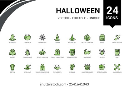 Set of Halloween colorful line icons. Contains related to halloween, bones, horror, mummy, dead, halloween party and more. Minimal linear icons. 