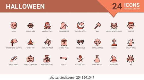 Set of Halloween colorful line icons. Contains related to halloween, bones, horror, mummy, dead, halloween party and more. Minimal linear icons. 