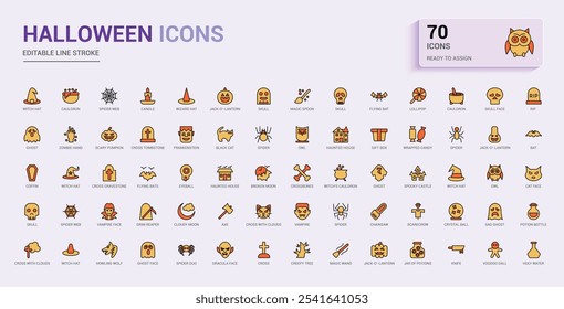 Set of Halloween colorful line icons. Contains related to halloween, bones, horror, mummy, dead, halloween party and more. Minimal linear icons. 