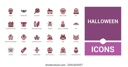 Set of Halloween colorful line icons. Contains related to halloween, bones, horror, mummy, dead, halloween party and more. Minimal linear icons. 