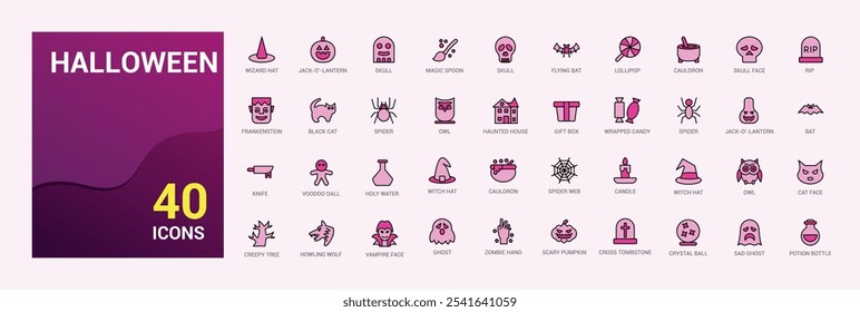 Set of Halloween colorful line icons. Contains related to halloween, bones, horror, mummy, dead, halloween party and more. Minimal linear icons. 