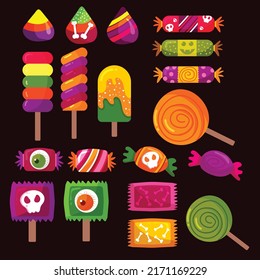 Set of Halloween colorfull candy sweets. Toffee, lollipop , icecream vector illustrations