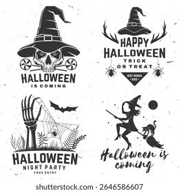 O conjunto de Halloween está chegando design. Ilustração vetorial. Para o projeto de Halloween de férias, camisa, logotipo, emblema, decorações, cartões, banner com lobisomem, mão de crânio pegando, bruxa voadora em uma vassoura