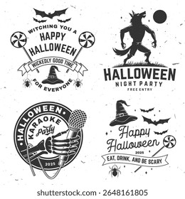 O conjunto de Halloween está chegando design. Ilustração vetorial. Para o projeto de Halloween de férias, camisa, logotipo, distintivo, decorações, cartões, banner com lobisomem, microfone de mão de crânio, chapéu de assistente, aranhas