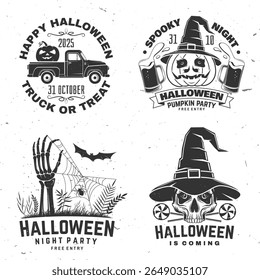 Set of Halloween is coming design. Vector illustration. For holiday Halloween design, shirt, logo, badge, decorations, cards, banner with pumpkin, skull hand sticking, pickup 