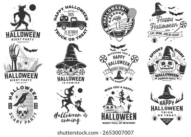 Set of Halloween is coming design. Vector illustration. For holiday Halloween design, shirt, logo, badge, decorations, cards, banner with pumpkin and skull in wizard hats, beer and pumpkin pickup