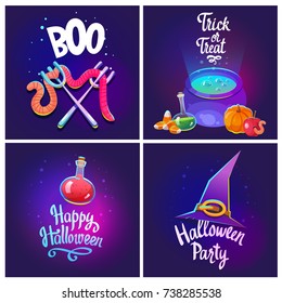 Set with Halloween composition. Funny pot with blue potion, apple with worm, witch's hat, pumpkin and scary candies. Vector illustration for holiday in cartoon style.