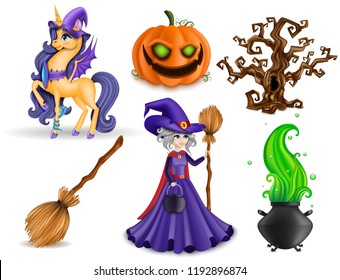 Set of Halloween Concept, 3D Pony Unicorn, Cobra Snake, Pumpkin with Green Eyes and Witch Character, Brown Tree, Broomstick, Cauldron, Wizard Hats, Isolated, Hand Drawn, Realistic Vector Illustration