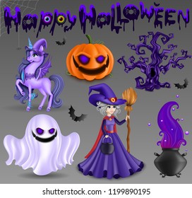Set of Halloween Concept, 3D Pony Unicorn, Pumpkin Character, Tree, Broom, Witch, Cauldron, Ghost, Bats, Color Eyes and Little Black Spider with Web, Isolated, Hand Drawn Realistic Vector Illustration