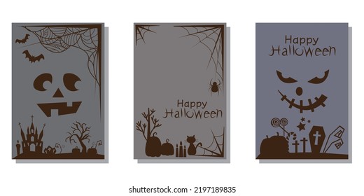 Set of Halloween concept decoration template. Horror, Scary, dark night, bats, spider, spider wired and monster face. Happy halloween frames collection. Vector illustration.