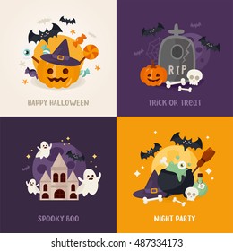 Set of Halloween concept. Greeting card with cartoon illustration. Pumpkin with candies, grave with skull, castle with scary ghost and cauldron with poison. Halloween night party. Trick or treat.