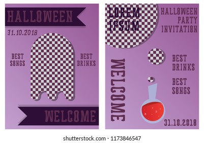 Set of Halloween Concepts. Vector Illustration. Pumpkin and Spider Web, Witch Hat and Cauldron, Skull and Bones, Night Party. Trick or Treat.