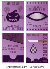 Set of Halloween Concepts. Vector Illustration. Pumpkin and Spider Web, Witch Hat and Cauldron, Skull and Bones, Night Party. Trick or Treat.