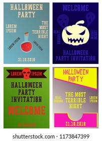 Set of Halloween Concepts. Vector Illustration. Pumpkin and Spider Web, Witch Hat and Cauldron, Skull and Bones, Night Party. Trick or Treat.