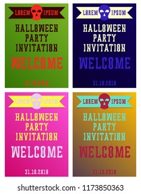 Set of Halloween Concepts. Vector Illustration. Pumpkin and Spider Web, Witch Hat and Cauldron, Skull and Bones, Night Party. Trick or Treat.