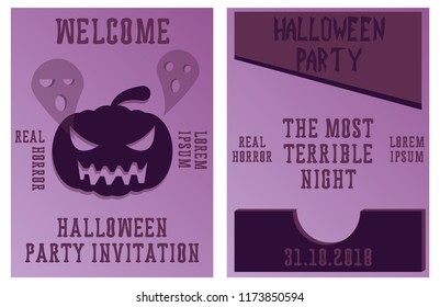 Set of Halloween Concepts. Vector Illustration. Pumpkin and Spider Web, Witch Hat and Cauldron, Skull and Bones, Night Party. Trick or Treat.