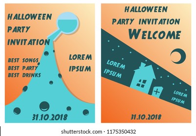 Set of Halloween Concepts. Vector Illustration. Pumpkin and Spider Web, Witch Hat and Cauldron, Skull and Bones, Night Party. Trick or Treat.