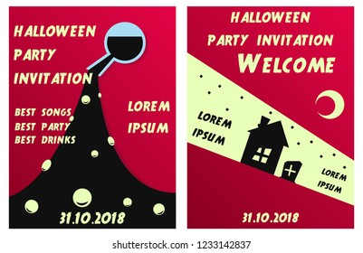 Set of Halloween Concepts. Vector Illustration. Pumpkin and Spider Web, Witch Hat and Cauldron, Skull and Bones, Night Party. Trick or Treat.