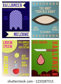 Set of Halloween Concepts. Vector Illustration. Pumpkin and Spider Web, Witch Hat and Cauldron, Skull and Bones, Night Party. Trick or Treat.