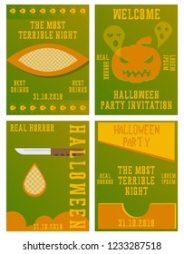 Set of Halloween Concepts. Vector Illustration. Pumpkin and Spider Web, Witch Hat and Cauldron, Skull and Bones, Night Party. Trick or Treat.