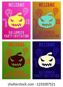 Set of Halloween Concepts. Vector Illustration. Pumpkin and Spider Web, Witch Hat and Cauldron, Skull and Bones, Night Party. Trick or Treat.